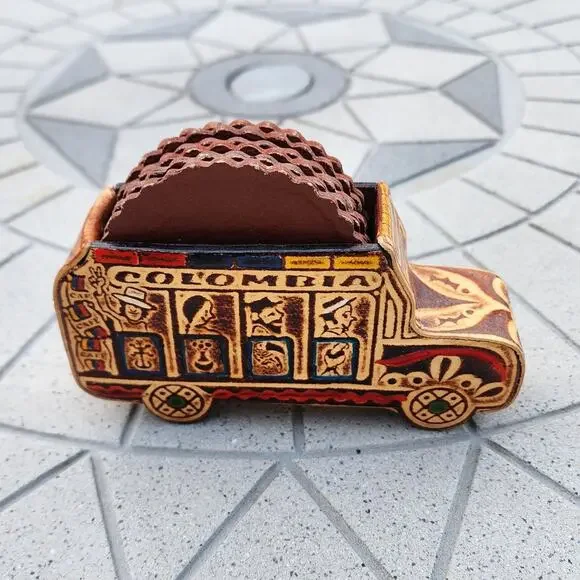 Colombia Folk Art Handcrafted Leather Bus Scalloped Coaster Holder Souvenir - Picture 4 of 11